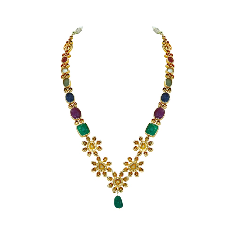 Navaratan Floral Necklace with Polkis, Emeralds, Rubies, and Pearls